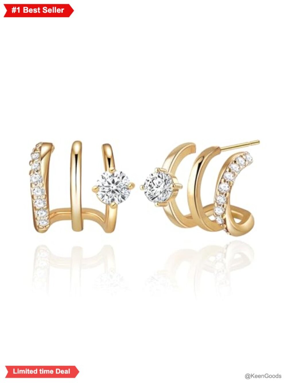 14K Gold Plated Triple Huggie Hoop Earrings Cubic Zirconia Stud Women